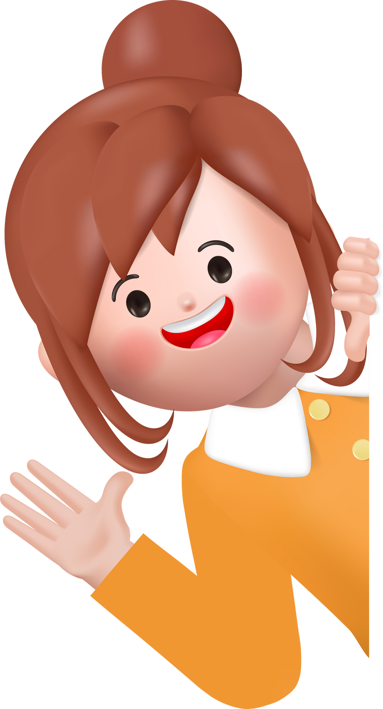 3d cute woman peeking from behind wall character clipart element.