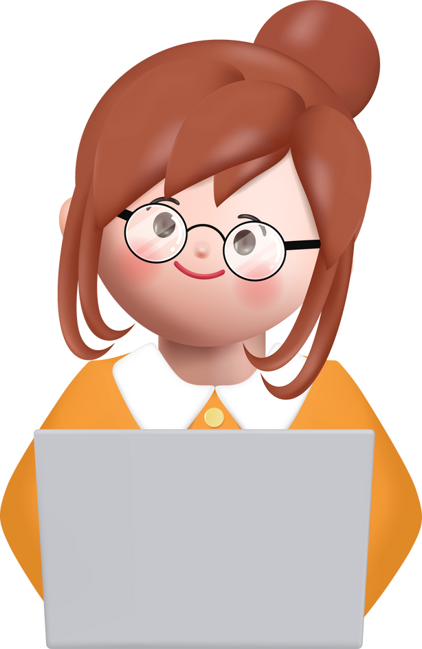 3d cute woman using laptop computer character clipart element.