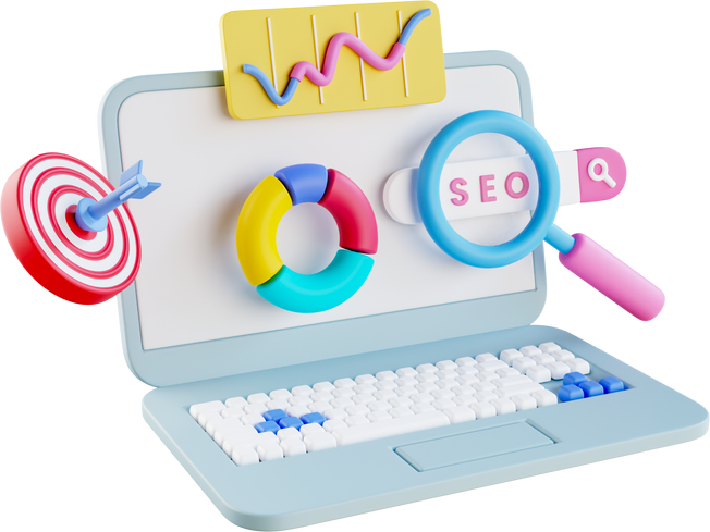 3D SEO Optimization, web analytics and seo marketing social media concept. SEO interface for website strategy and research planing, search engine traffic. 3D rendering